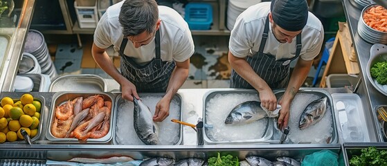 View from above shows owner wrapping fish while coworker works in market