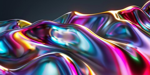 High-resolution image featuring shimmering metallic neon waves with reflective surfaces on a dark background.