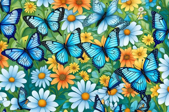 floral pattern, Immerse yourself in the beauty of nature with a captivating image featuring a background flower butterfly spring garden floral beauty blossom plant blue