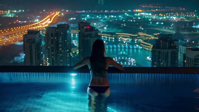 Woman in a thong bikini from behind standing in a swimming pool on a rooftop in Dubai at night