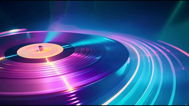 Turntable vinyl record. Colorful retrowave music background.