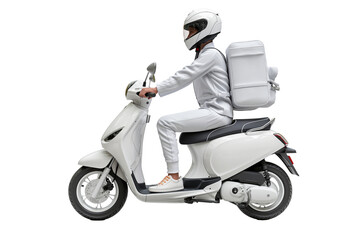 Courier in uniform riding a white scooter with fast delivery isolated on a transparent background. Restaurant food and postal package delivery services