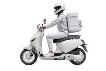 Courier in uniform riding a white scooter with fast delivery isolated on a transparent background. Restaurant food and postal package delivery services