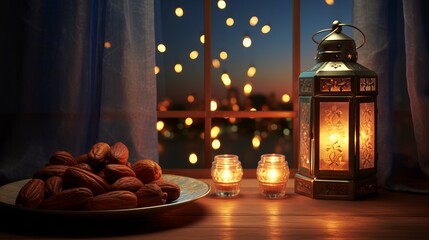 Ramadan concept. Dates close-up in the foreground. Ramadan Lanterns and a bowl of dates on a wooden table. wall background. And fireworks view from the window. Ramadan 3d concept