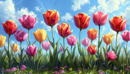 Fototapeta premium idyllic tulip field background: serene landscape of colorful tulips stretching to the horizon, offering a tranquil and picturesque setting for various design projects