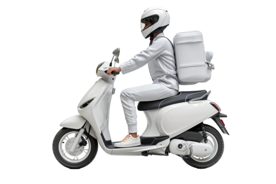 Courier in uniform riding a white scooter with fast delivery isolated on a transparent background. Restaurant food and postal package delivery services - Powered by Adobe