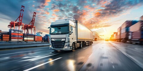 Modern white truck speeding on highway against a sunset sky, symbolizing logistics and transport.