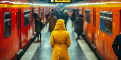 An anonymous person in a yellow coat standing alone on a bustling subway platform.