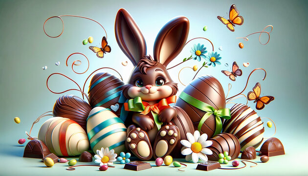 chocolate easter egg and spring decoration