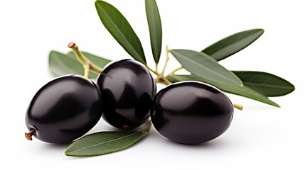 Two ripe black olives, accompanied by olive leaves, are isolated on a white background.