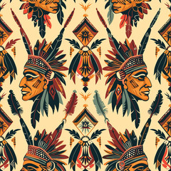 Seamless pattern of Native American chiefs and traditional motifs.