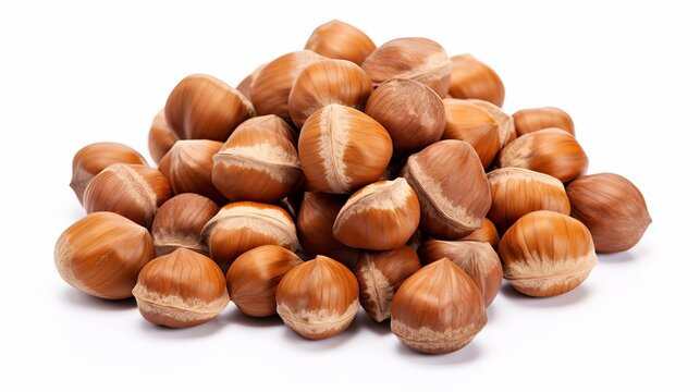 Unshelled hazelnuts are showcased isolated on a white background, forming a food-centric backdrop.