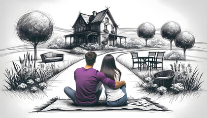 Happy and loving couple dreams of a new home" - ideal for articles or blogs targeting architects, real estate agents, the housing market, insurers, bankers, builders