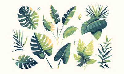 tropical floral illustration set with green leaves, Generative AI