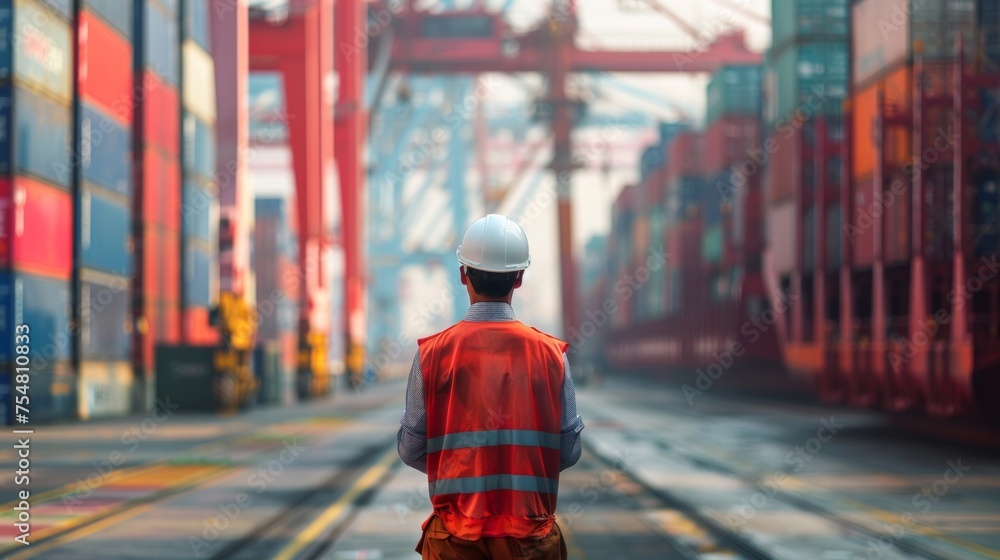Poster a port worker in safety gear standing before a vast array of colorful shipping containers in a busy 