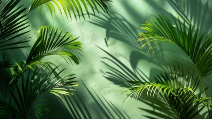 Tropical palm leaves with shadow on green background.