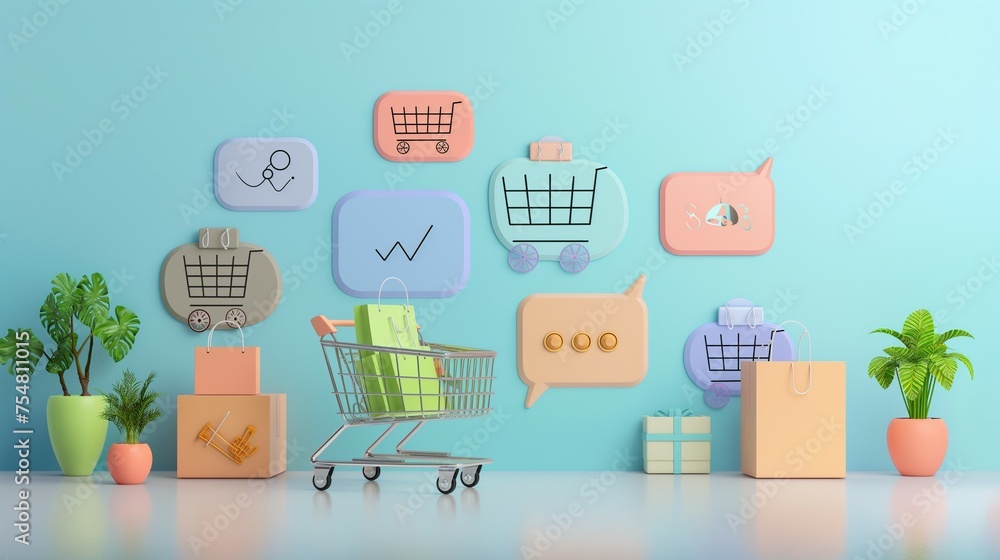 Poster a 3d rendering of a shopping cart filled with boxes and icons on wall in the background.