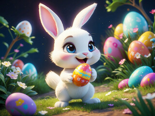 White bunny holding colorful Easter egg.