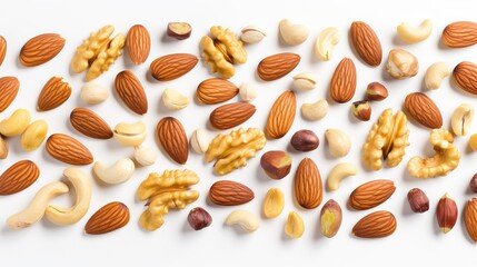 Various delicious nuts are spread out on a white background in a flat lay composition.