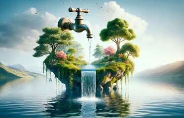 a whimsical water faucet pouring water into a small island lake