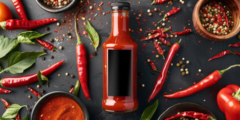 An array of vibrant chili peppers and spices around a bottle of hot sauce on a dark background