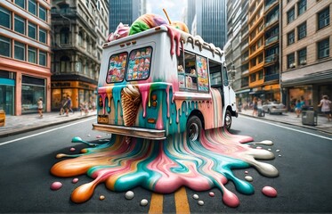an ice cream truck with a part melting onto the street