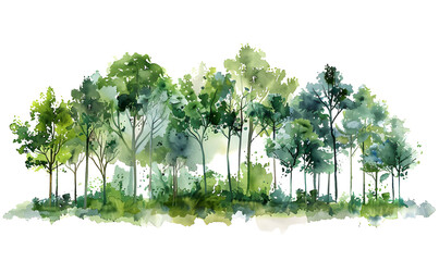 Watercolor stylized illustration of green forest and trees, Generative AI
