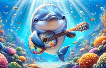 a dolphin playing a guitar underwater