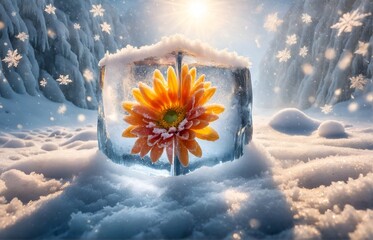 a vibrant flower growing inside an ice cube