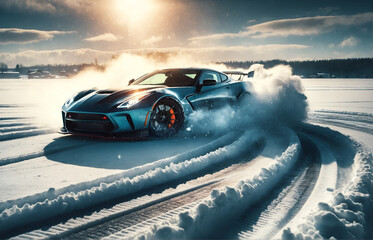 a sports car drifting in the snow
