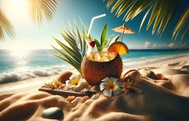 Fototapeta na wymiar a natural beverage set amidst the sands of a beach