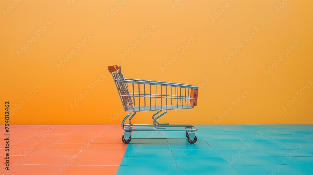 Poster an empty shopping cart with a colorful wall and floor in the background.