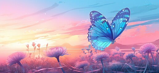 Butterflies on Flowers in a Dreamlike Pastel Sunset
