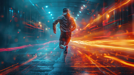 Rearview with male athlete running at speed with long-exposure lighting effect in front of a blue runway background, Generative AI - Powered by Adobe