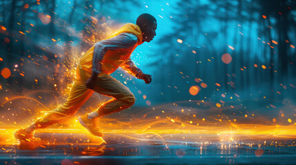 Black male athlete running in speed with flame and sparks effect, Composite, sprinting, sport,...