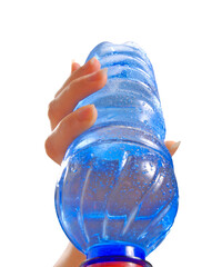 Hand holding drinking mineral water bottle isolated on transparent layered background. - 754812619