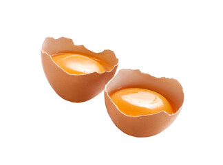 Halved eggshell and egg yolk isolated on transparent background. - 754812654