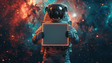 Astronaut holding an empty blackboard on a colorful galaxy background with copy space, Generative AI