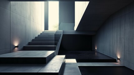 The staircase has light wooden steps and a sleek, black metal railing. 
