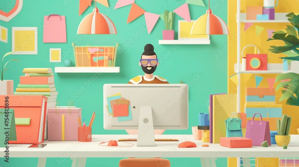 Poster a man sitting at a desk in front of a computer.