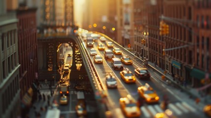 Tilt-shift photography of the New York City. Top view of the city in postcard style. Miniature houses, streets and buildings - obrazy, fototapety, plakaty