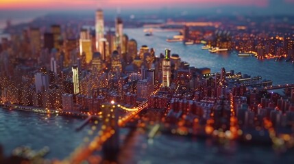 Obraz premium Tilt-shift photography of the New York City. Top view of the city in postcard style. Miniature houses, streets and buildings