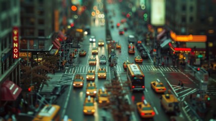 Obraz premium Tilt-shift photography of the New York City. Top view of the city in postcard style. Miniature houses, streets and buildings