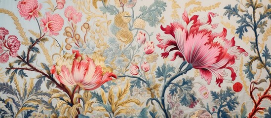 A floral wallpaper featuring pink flowers set against a blue background. The design is reminiscent of the Provence style, with a charming and delicate aesthetic.