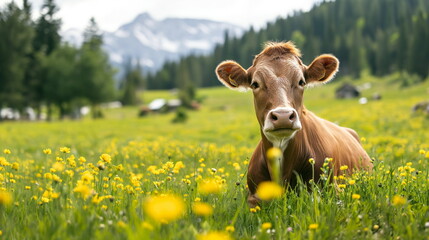 Curious cow stands in an Alpine meadow dotted with wildflowers, mountains in the background under a sunny sky, tranquility of pastoral life