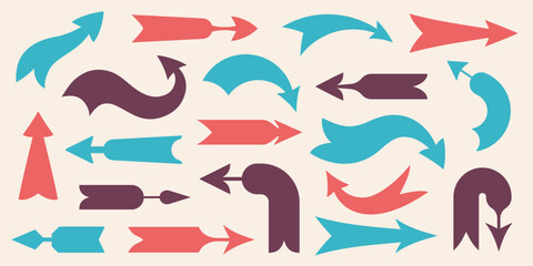 Obraz premium Vintage direction arrows. Retro navigation icons, old simple cursor banner, retro target and navigation pictograms. Vector isolated set