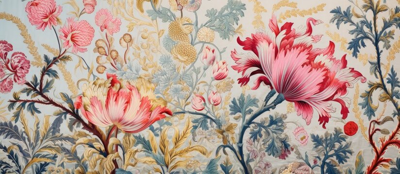 Fototapeta A floral wallpaper featuring pink flowers set against a blue background. The design is reminiscent of the Provence style, with a charming and delicate aesthetic.