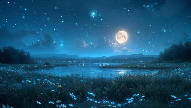 Starry night sky, with a moonlit landscape below, evoking a sense of wonder