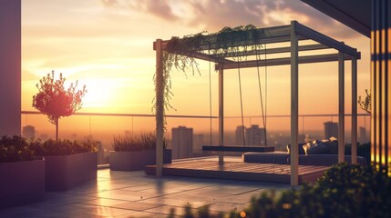 Minimalist Rooftop Garden with Wooden Pergola at Sunset AI Generated.