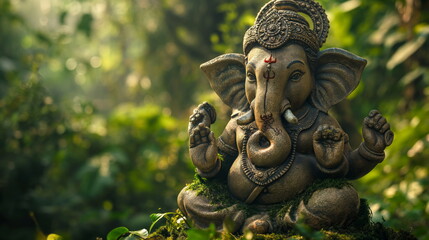 Ganesha statue in a lush green setting, symbolizing peace and spirituality